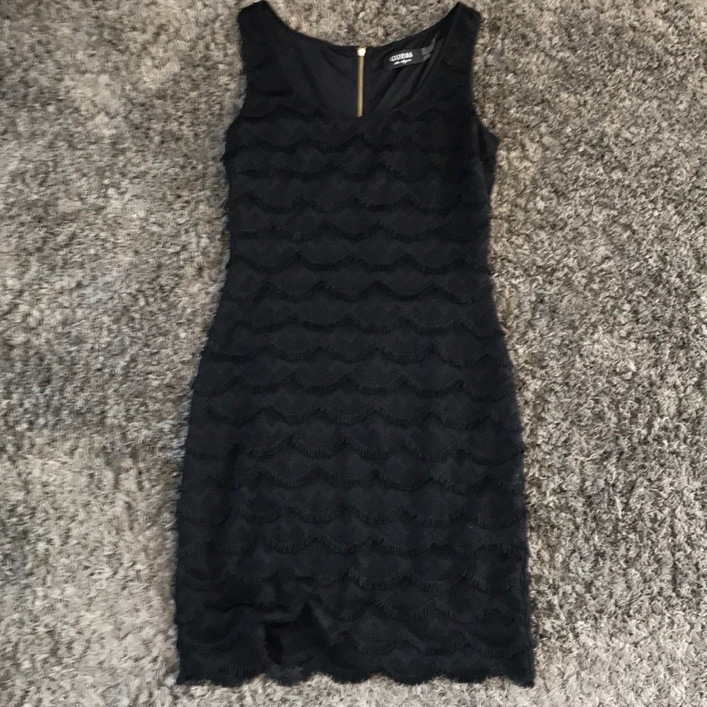 Guess Scalloped Fringe Lace Black Bodycon Dress